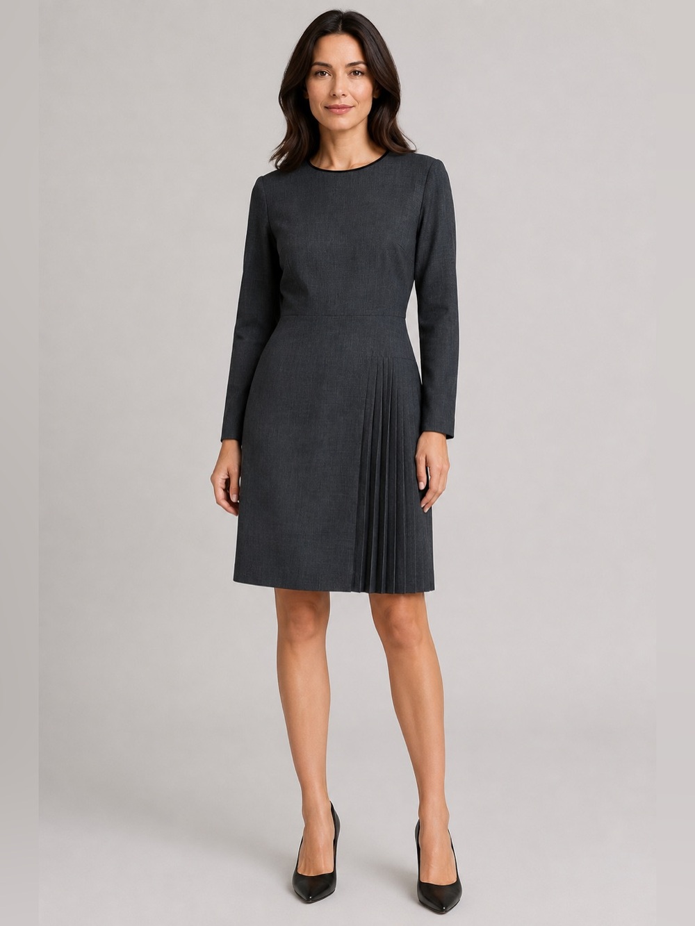 Kay Unger Gray Pleated Knee Length Sheath Dress Size 8 Long Sleeve Career
